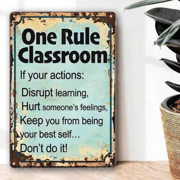 1 Piece Vintage Classroom Rules Metal Sign - Green Distressed Wall Art With Positive Message, 8x12inch, Suitable For Home And School Campus Decoration, Antique-Style Educational Plaque, Can Be Used For Teacher's Desk Or Principal's Office Decoration