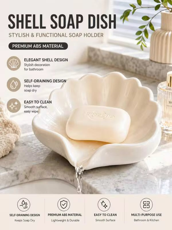 2pcs Nordic Style Shell Shaped Soap Dish, Multifunctional Makeup & Jewelry Storage Tray, White Desktop Decor, Bathroom Accessories, Non-Slip Soap Holder, Vanity Countertop Organizer, Minimalist Home Goods, Bathroom Essentials