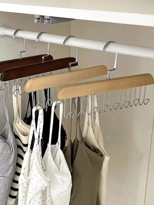 3pcs Multifunctional Wooden Hanger, 8 Hooks, 360° Rotation, Space Saving, Can Hang Bras, Shirts, Underwear, Vests, Hats, Ties, Straps And Other Clothing. Seamless Hanger, Suitable For Back To School, Study Supplies, Also A Perfect Gift For